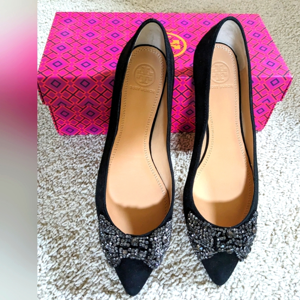 Tory Burch Black Sliver Rhinestone Bow Flats Women Sz 8.5